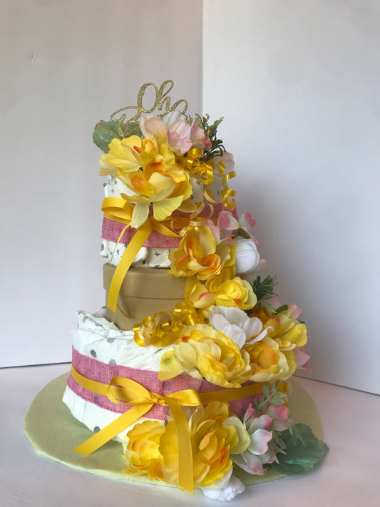 yellow and pink flowers cascading down diaper cake 